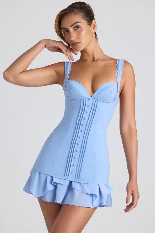 Mini dresses with off - the - shoulder styles Ruffle-Trim Button-Detail Corset Mini Dress in Sky Blue Mini dresses with off - the - shoulder styles Ruffle-Trim Button-Detail Corset Mini Dress in Sky Blue