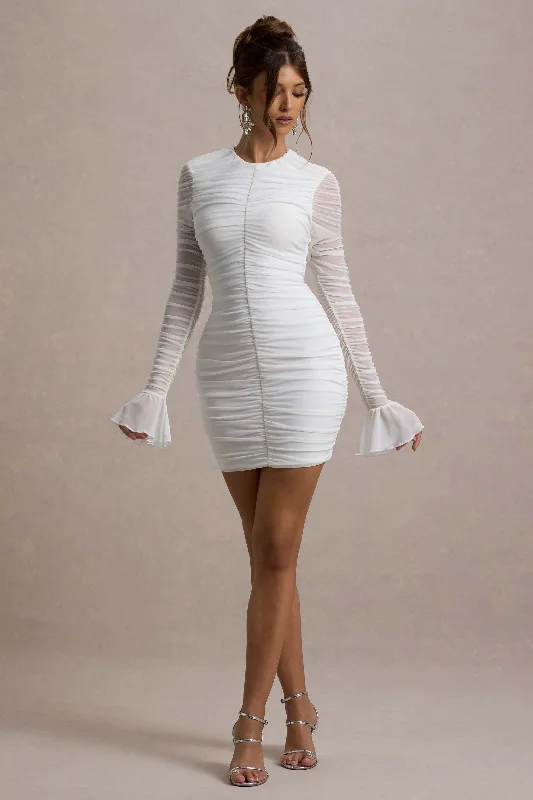 Mini dresses with fringe for a bohemian style Romilly | White Ruched Long-Sleeve Bodycon Mini Dress Mini dresses with fringe for a bohemian style Romilly | White Ruched Long-Sleeve Bodycon Mini Dress