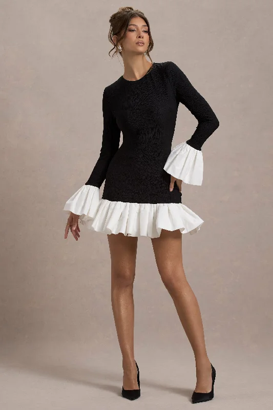 Mini dresses with cut - out details for a trendy look Josefina | Black Long-Sleeve Mini Dress With White Satin Trims Mini dresses with cut - out details for a trendy look Josefina | Black Long-Sleeve Mini Dress With White Satin Trims
