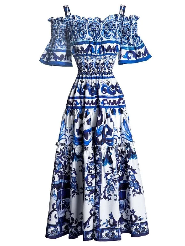 Midi dresses with abstract art prints for an artistic statement Kim Off Shoulder Print Midi Dress - Blue Print Midi dresses with abstract art prints for an artistic statement Kim Off Shoulder Print Midi Dress - Blue Print
