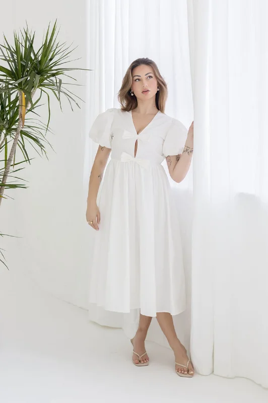 Midi dresses with fringe details for a fun and energetic style Virginia Short Puff Sleeve Bow Cut Out Midi Dress White Midi dresses with fringe details for a fun and energetic style Virginia Short Puff Sleeve Bow Cut Out Midi Dress White