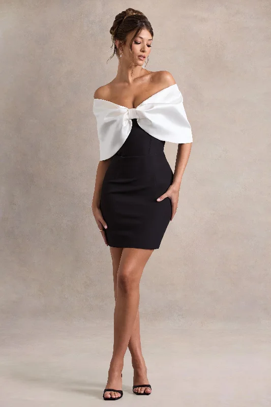 Mini dresses with puff sleeves for a vintage look Dewdrop | Black & White Mini Dress With Oversized Bow Mini dresses with puff sleeves for a vintage look Dewdrop | Black & White Mini Dress With Oversized Bow