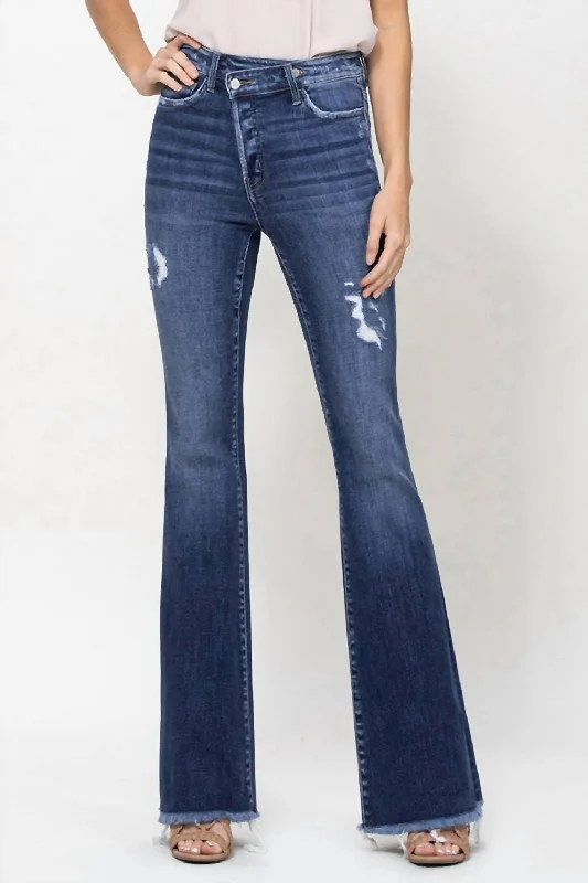 Men's Jeans with a Button - Fly for a Traditional and Classic AestheticAsymmetric Waistband Flare Jeans In Dark Blue Wash Men's Jeans with a Button - Fly for a Traditional and Classic AestheticAsymmetric Waistband Flare Jeans In Dark Blue Wash