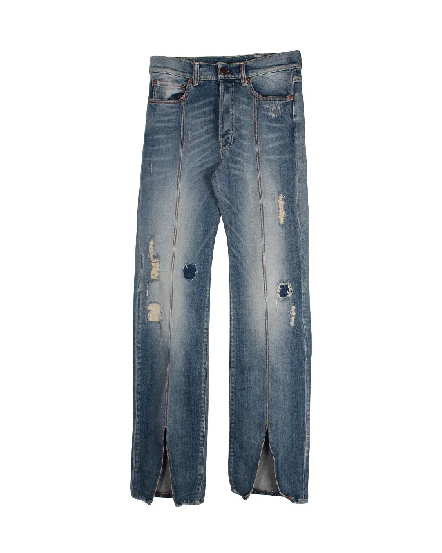 Men's Jeans with an Elastic Waistband for Ultimate ComfortOff-White Distressed Straight Leg Denim Jeans in Blue Cotton Men's Jeans with an Elastic Waistband for Ultimate ComfortOff-White Distressed Straight Leg Denim Jeans in Blue Cotton
