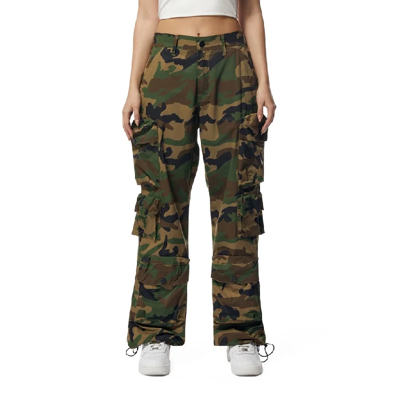Women's Cargo Pants with Zippered Pockets in Dark Brown for Secure Storage on the GoWide Leg Cargo Pants - Wood Camo Women's Cargo Pants with Zippered Pockets in Dark Brown for Secure Storage on the GoWide Leg Cargo Pants - Wood Camo