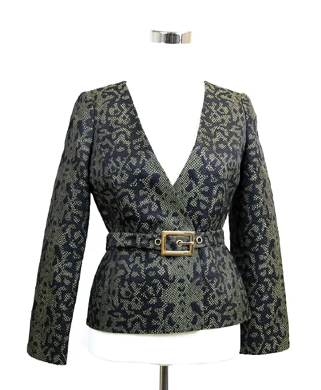 Single - Breasted Women's Linen Blend Blazers in Earth Tones for Casual WearGucci Women's Green Black Cotton Silk Acrylic Print Belt Runway Blazer Jacket Single - Breasted Women's Linen Blend Blazers in Earth Tones for Casual WearGucci Women's Green Black Cotton Silk Acrylic Print Belt Runway Blazer Jacket