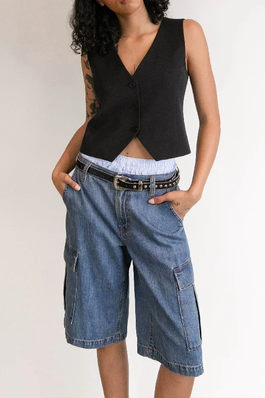 Women's Skinny Fit Leather - Look Cargo Pants in Black for a Bold and Edgy EnsembleLONG CARGO DENIM SHORT Women's Skinny Fit Leather - Look Cargo Pants in Black for a Bold and Edgy EnsembleLONG CARGO DENIM SHORT