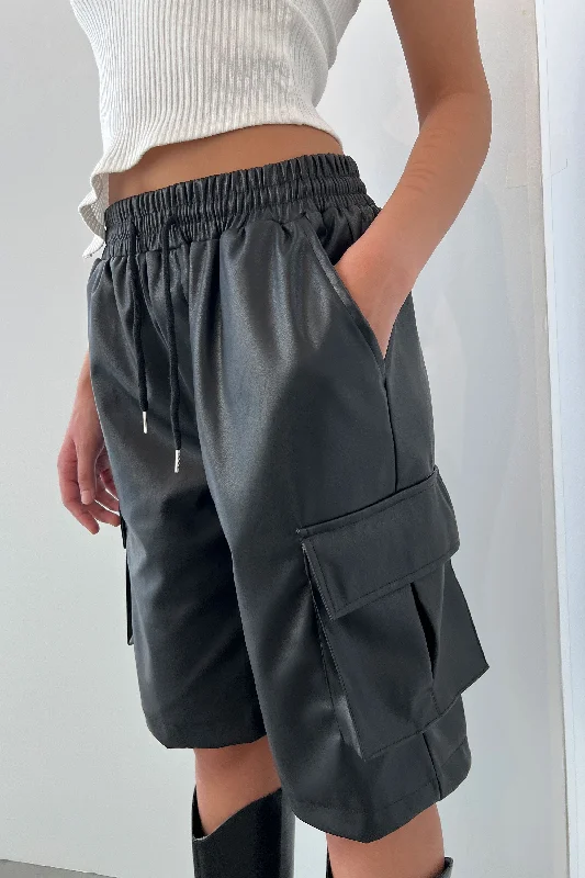 Women's Cargo Pants with Zippered Pockets in Dark Brown for Secure Storage on the GoVEGAN LEATHER CARGO SHORT Women's Cargo Pants with Zippered Pockets in Dark Brown for Secure Storage on the GoVEGAN LEATHER CARGO SHORT