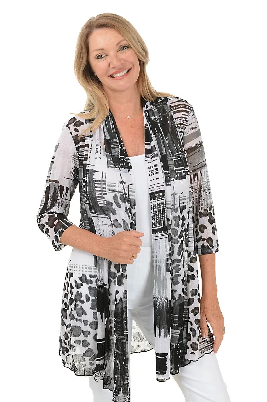 color block women cardigan with bold huesGrey Animal Patchwork Mesh Cardigan