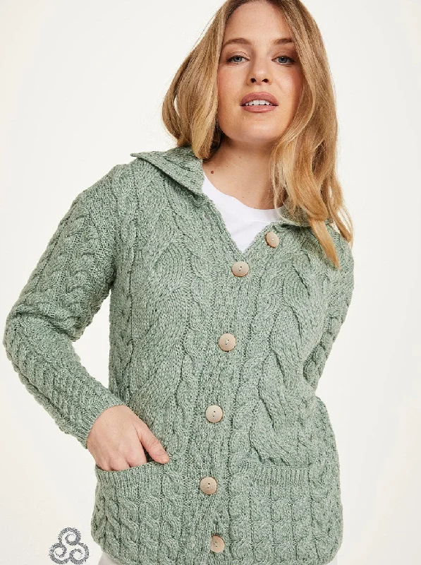 machine washable women cardigan for easy careAran - Button Cable Cardigan - Light Green machine washable women cardigan for easy careAran - Button Cable Cardigan - Light Green