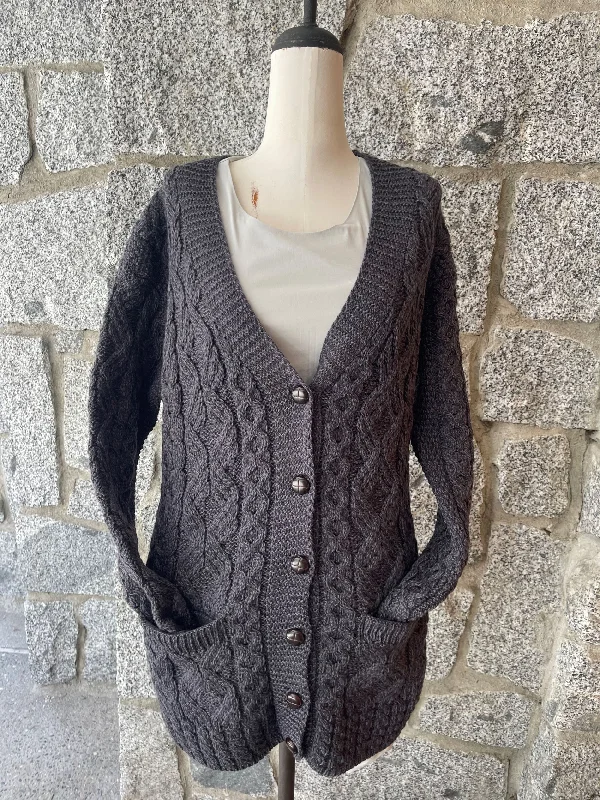 open front women cardigan for easy stylingAran - Buttoned Longline Cardigan - Charcoal open front women cardigan for easy stylingAran - Buttoned Longline Cardigan - Charcoal