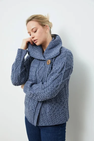 button down women cardigan with vintage buttonsAran - Merino Patchwork Cardigan - Denim Marl button down women cardigan with vintage buttonsAran - Merino Patchwork Cardigan - Denim Marl