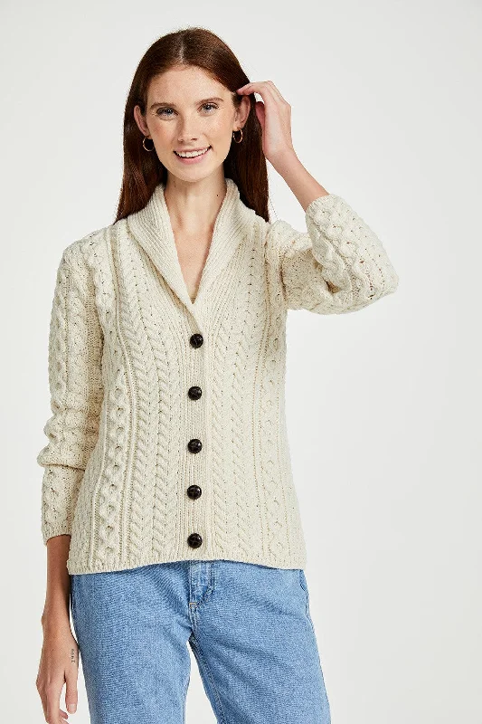 floral print women cardigan for a feminine touchAran - Shawl Collar Cardigan with Buttons - White floral print women cardigan for a feminine touchAran - Shawl Collar Cardigan with Buttons - White