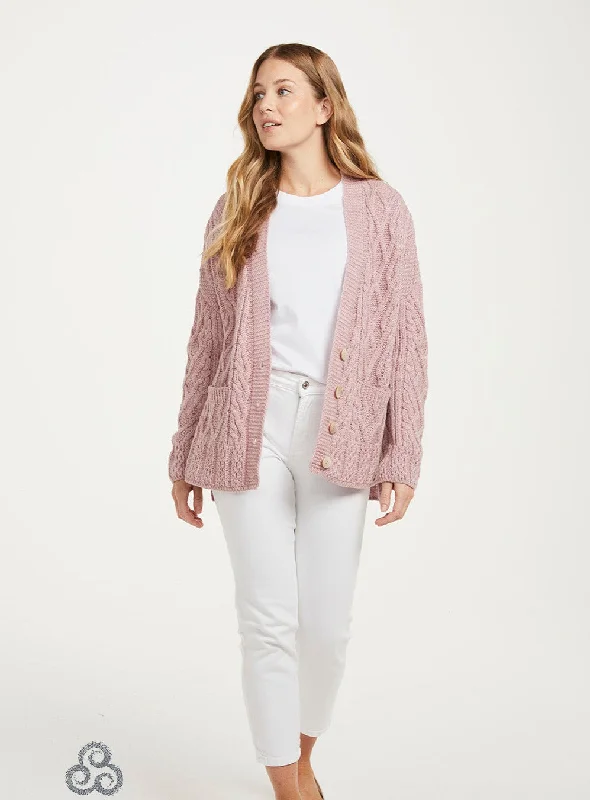 hooded women cardigan for added warmth and styleAran - Vented box Cardigan with Buttons and trellis - Pink hooded women cardigan for added warmth and styleAran - Vented box Cardigan with Buttons and trellis - Pink