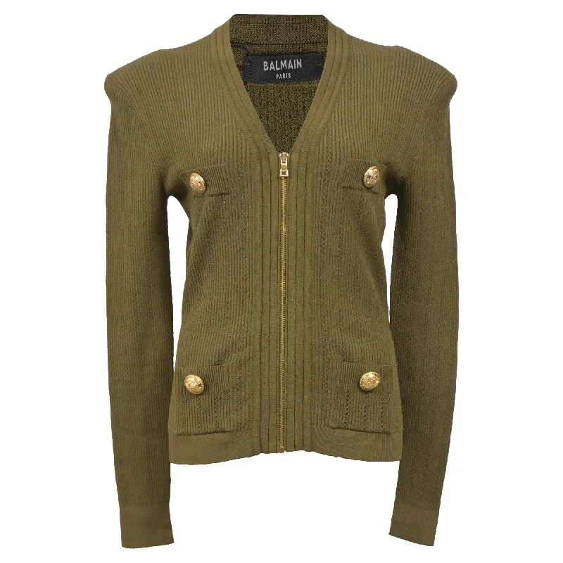 floral print women cardigan for a feminine touchBalmain Zip Cardigan in Olive Green Wool floral print women cardigan for a feminine touchBalmain Zip Cardigan in Olive Green Wool