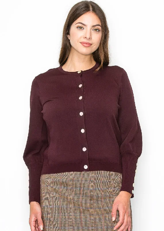 cropped women cardigan to pair with high - waisted jeansBurgundy Cardigan with Cuff Buttons cropped women cardigan to pair with high - waisted jeansBurgundy Cardigan with Cuff Buttons