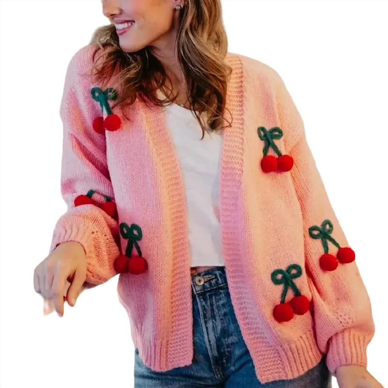 hand knitted women cardigan with artisanal charmCherry Long Sleeve Knit Cardigan In Pink hand knitted women cardigan with artisanal charmCherry Long Sleeve Knit Cardigan In Pink
