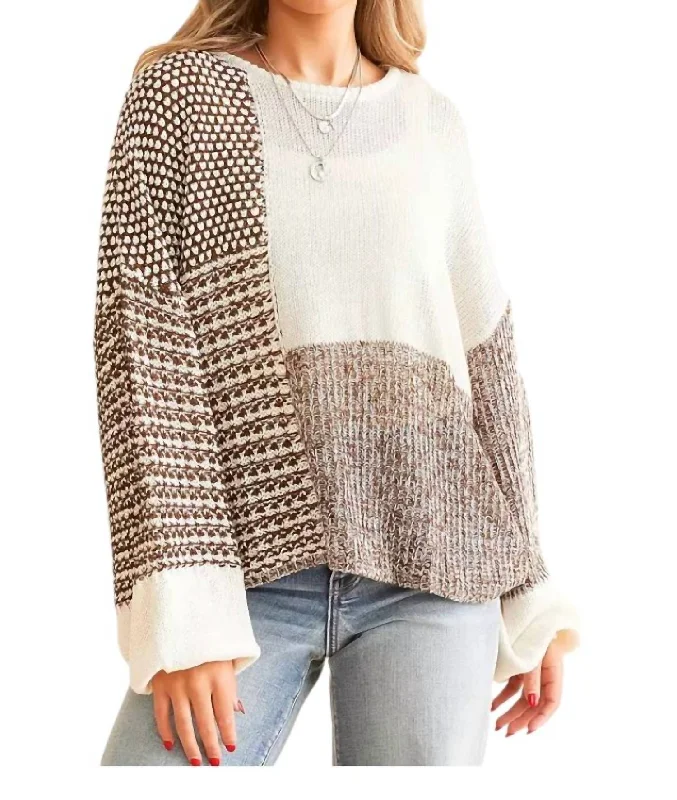 Plus Size Women's Side - Slit Sweaters in Bold SolidsColorblock Sweater In Brown/ White Plus Size Women's Side - Slit Sweaters in Bold SolidsColorblock Sweater In Brown/ White