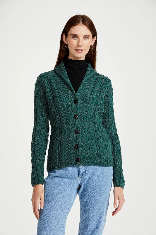 cropped women cardigan to pair with high - waisted jeansAran - Shawl Collar Cardigan with Buttons - Connemara green cropped women cardigan to pair with high - waisted jeansAran - Shawl Collar Cardigan with Buttons - Connemara green