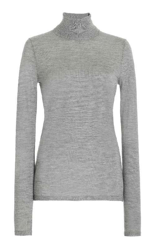 Tie - Front Women's Lambswool Sweaters in Pastel HuesCosta Knit Turtleneck in Heather Grey Cashmere Silk Tie - Front Women's Lambswool Sweaters in Pastel HuesCosta Knit Turtleneck in Heather Grey Cashmere Silk