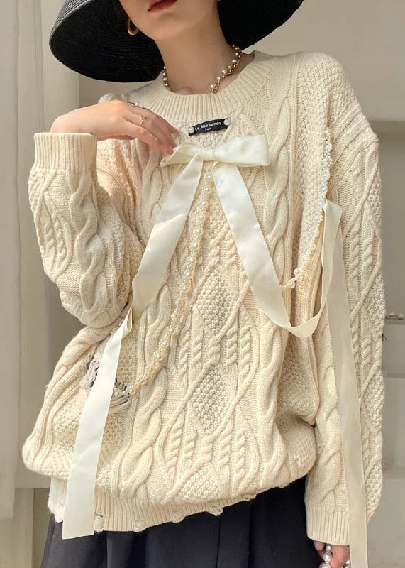 Bell - Sleeve Women's Mohair - Wool Blend Sweatersdiy Apricot Bow Hole Knit sweaters Spring Bell - Sleeve Women's Mohair - Wool Blend Sweatersdiy Apricot Bow Hole Knit sweaters Spring
