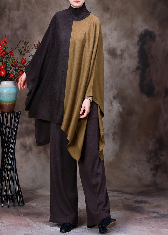 Women's Long Sleeve Turtleneck Cashmere SweatersDIY Coffee Turtleneck Asymmetrical Patchwork Knit Sweaters And Wide Leg Pants Two Pieces Set Fall Women's Long Sleeve Turtleneck Cashmere SweatersDIY Coffee Turtleneck Asymmetrical Patchwork Knit Sweaters And Wide Leg Pants Two Pieces Set Fall