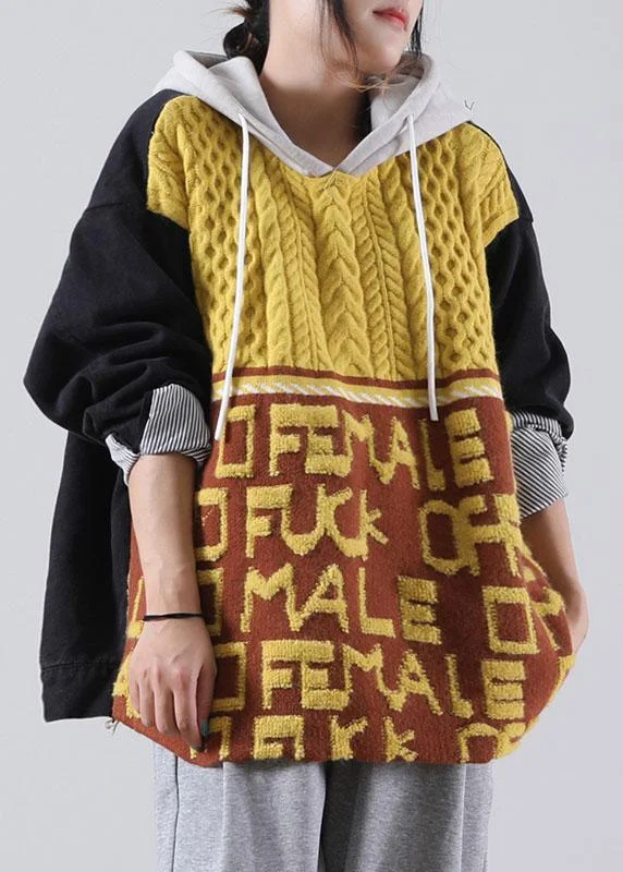 Hooded Women's Fleece - Lined Sweaters for Winterdiy Yellow Hooded Graphic denim Patchwork Knit sweaters Winter Hooded Women's Fleece - Lined Sweaters for Winterdiy Yellow Hooded Graphic denim Patchwork Knit sweaters Winter