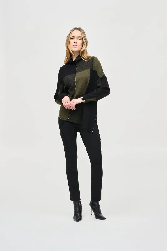 Plus Size Women's Oversized Chunky Knit SweatersJoseph Ribkoff Iguana/Black Color-Block Jacquard Knit Pullover Plus Size Women's Oversized Chunky Knit SweatersJoseph Ribkoff Iguana/Black Color-Block Jacquard Knit Pullover