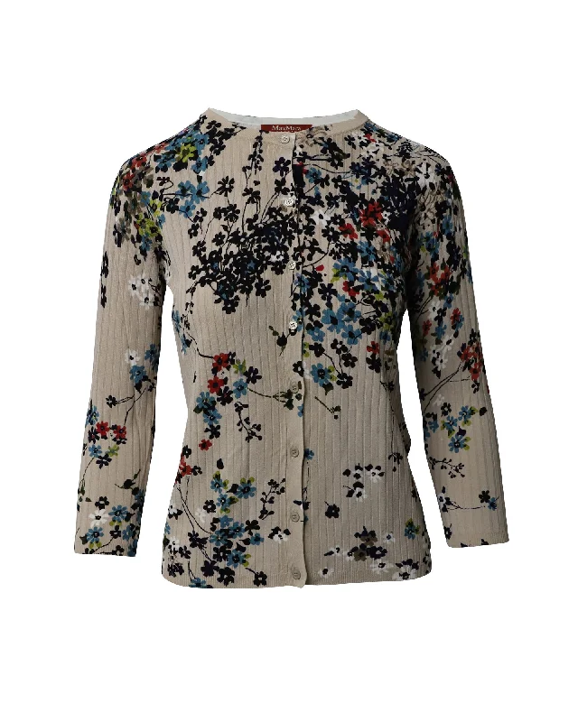 organic cotton women cardigan for an eco - friendly choiceMax Mara Ribbed Floral Cardigan in Beige Viscose organic cotton women cardigan for an eco - friendly choiceMax Mara Ribbed Floral Cardigan in Beige Viscose