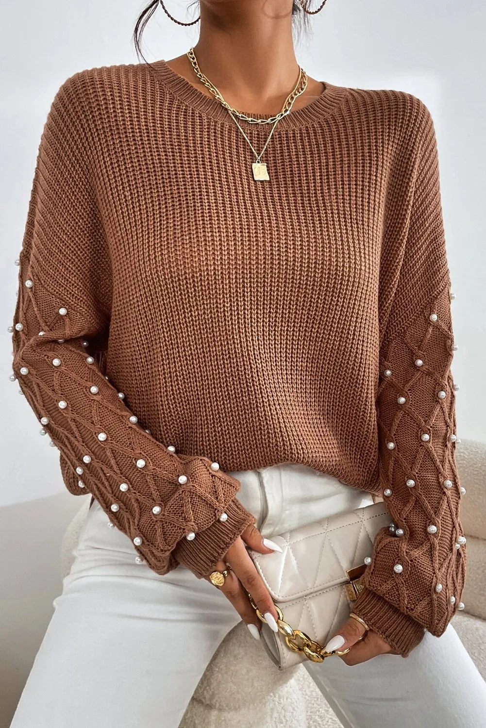 Hooded Women's Fleece - Lined Sweaters for WinterPearl Detail Round Neck Long Sleeve Sweater Hooded Women's Fleece - Lined Sweaters for WinterPearl Detail Round Neck Long Sleeve Sweater