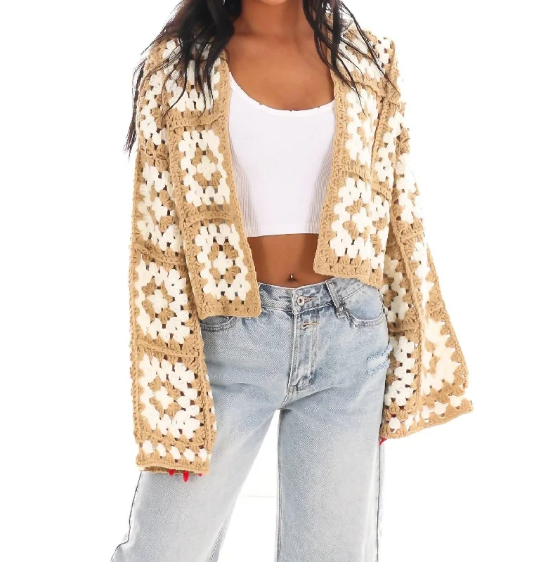 sequin embellished women cardigan for special occasionsPetal Patch Crochet Cardigan In Taupe sequin embellished women cardigan for special occasionsPetal Patch Crochet Cardigan In Taupe
