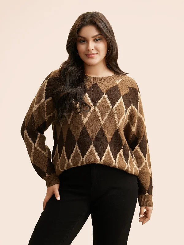hand knitted women cardigan with artisanal charmPlaid Crew Neck Raglan Sleeve Cardigan hand knitted women cardigan with artisanal charmPlaid Crew Neck Raglan Sleeve Cardigan