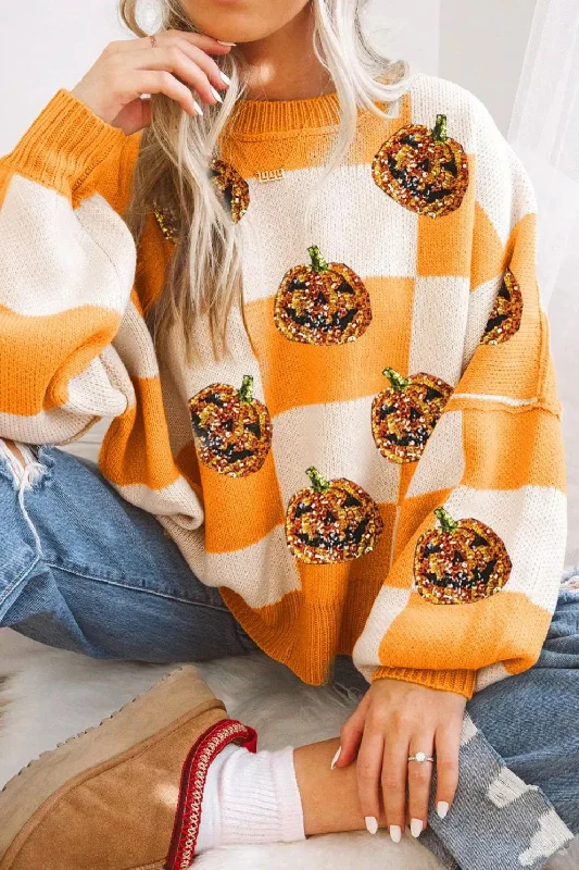 Women's Long Sleeve Turtleneck Cashmere SweatersPumpkin Checkered Round Neck Long Sleeve Sweater Women's Long Sleeve Turtleneck Cashmere SweatersPumpkin Checkered Round Neck Long Sleeve Sweater