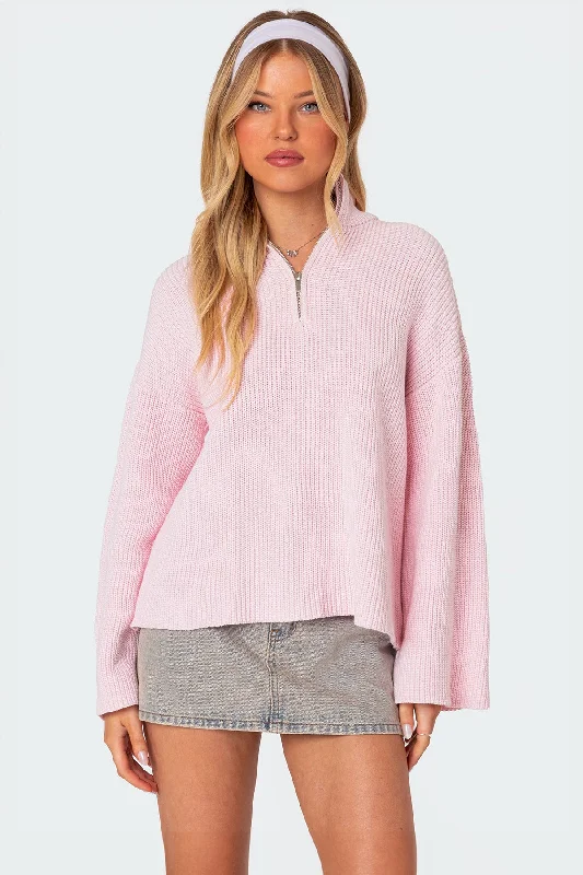 Plus Size Women's Side - Slit Sweaters in Bold SolidsAmour High Neck Oversized Zip Sweater Plus Size Women's Side - Slit Sweaters in Bold SolidsAmour High Neck Oversized Zip Sweater