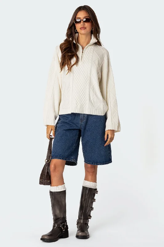 Bell - Sleeve Women's Mohair - Wool Blend SweatersOversized Quarter Zip Cable Knit Sweater Bell - Sleeve Women's Mohair - Wool Blend SweatersOversized Quarter Zip Cable Knit Sweater
