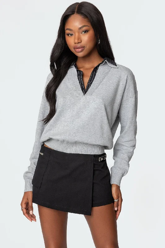 Plus Size Women's Side - Slit Sweaters in Bold SolidsRue Double Collared Sweater