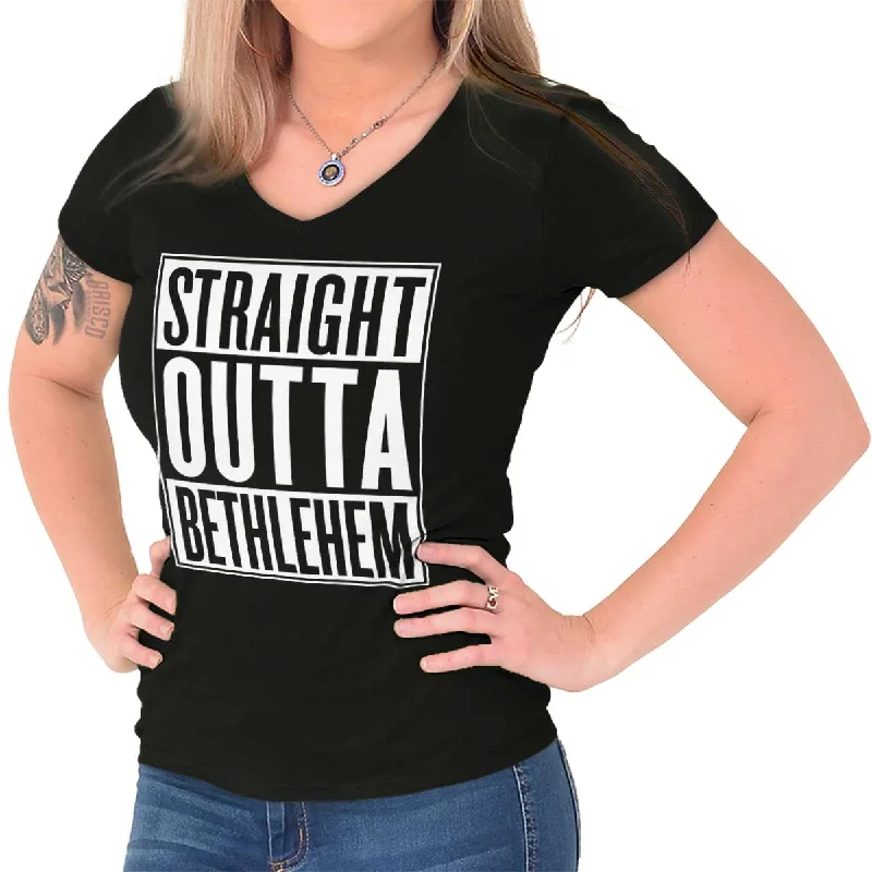 Embroidered Women T Shirt with Intricate DetailsStraight Outta Bethlehem Junior Fit V-Neck T-Shirt Embroidered Women T Shirt with Intricate DetailsStraight Outta Bethlehem Junior Fit V-Neck T-Shirt