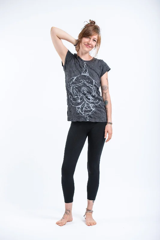 Pocketed Women T Shirt for Added FunctionalityWomens Octopus Mandala T-Shirt in Silver on Black Pocketed Women T Shirt for Added FunctionalityWomens Octopus Mandala T-Shirt in Silver on Black