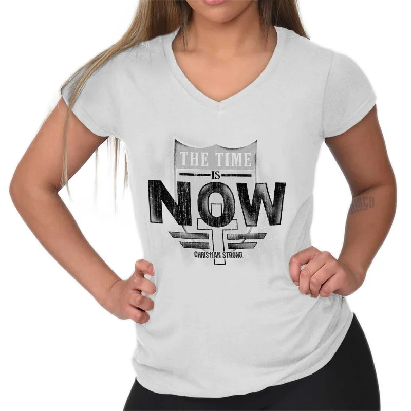Distressed Women T Shirt with a Laid - Back AestheticTime is Now Junior Fit V-Neck T-Shirt Distressed Women T Shirt with a Laid - Back AestheticTime is Now Junior Fit V-Neck T-Shirt