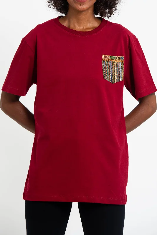 Distressed Women T Shirt with a Laid - Back AestheticUnisex Cotton T-Shirt with Tribal Pocket in Red Distressed Women T Shirt with a Laid - Back AestheticUnisex Cotton T-Shirt with Tribal Pocket in Red