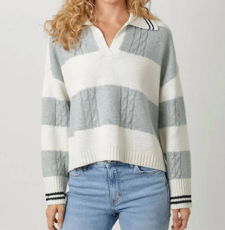 Plus Size Women's Embroidered Sweaters in Ethnic StylesV Neck Stripe Sweater In Ivory/grey Plus Size Women's Embroidered Sweaters in Ethnic StylesV Neck Stripe Sweater In Ivory/grey