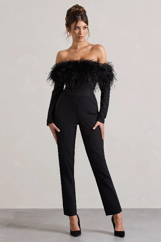 Women jumpsuits with one - shoulder tops for a stylish and asymmetric lookAles | Black Bardot Tailored Straight-Leg Jumpsuit With Feather Trim Women jumpsuits with one - shoulder tops for a stylish and asymmetric lookAles | Black Bardot Tailored Straight-Leg Jumpsuit With Feather Trim