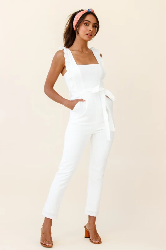 Linen women jumpsuits for a breathable and relaxed summer lookAll For Love Square Neckline Ruffle Strap Jumpsuit White Linen women jumpsuits for a breathable and relaxed summer lookAll For Love Square Neckline Ruffle Strap Jumpsuit White