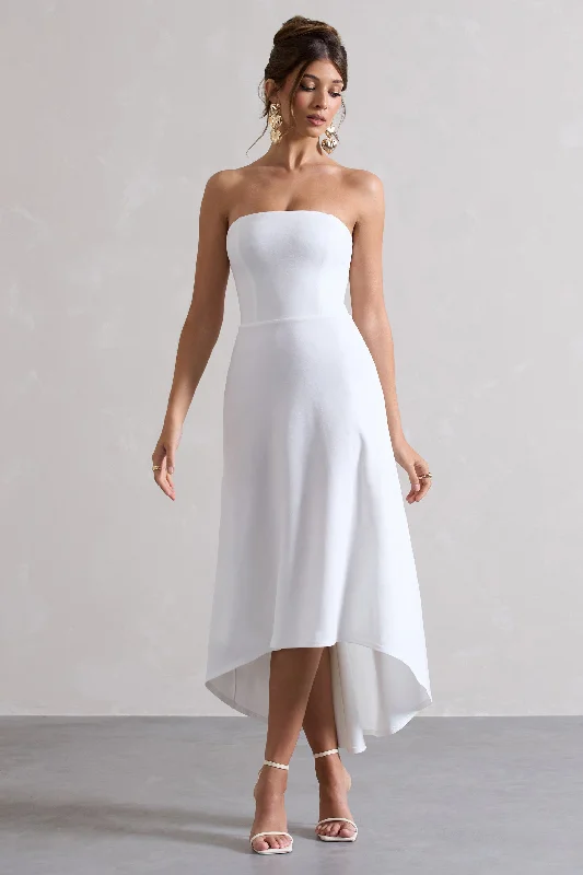 Mini Women Dress with a Short Hem for a Young and Trendy StyleAriela | White Bandeau High-Low Midi Dress Mini Women Dress with a Short Hem for a Young and Trendy StyleAriela | White Bandeau High-Low Midi Dress