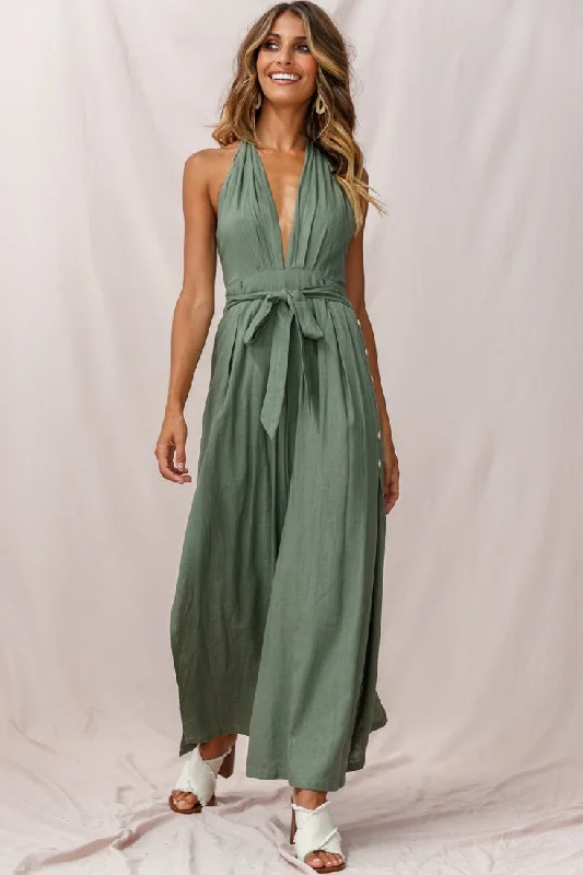 Sheer women jumpsuits with lace panels for a romantic and sexy styleAruba Wide Leg Halterneck Jumpsuit Khaki Sheer women jumpsuits with lace panels for a romantic and sexy styleAruba Wide Leg Halterneck Jumpsuit Khaki