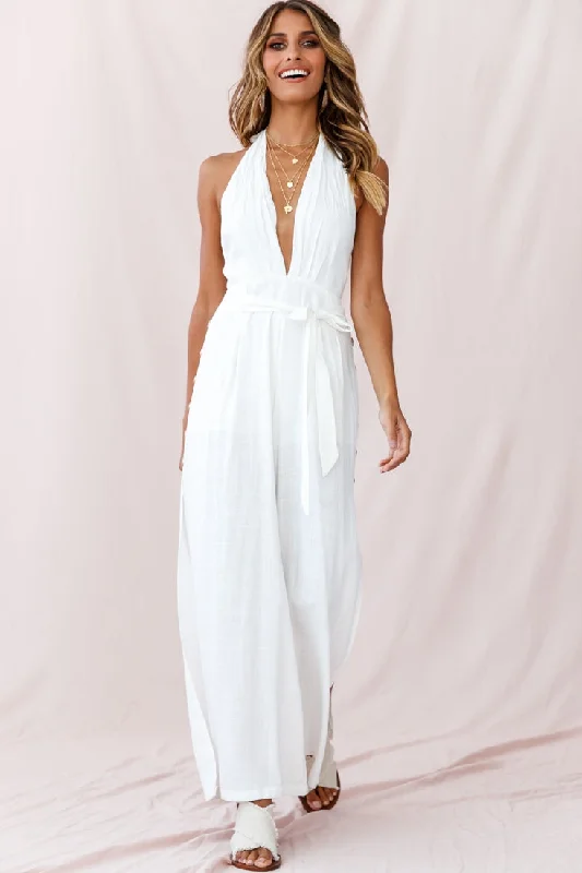 Satin women jumpsuits for a luxurious and elegant feelAruba Wide Leg Halterneck Jumpsuit White Satin women jumpsuits for a luxurious and elegant feelAruba Wide Leg Halterneck Jumpsuit White