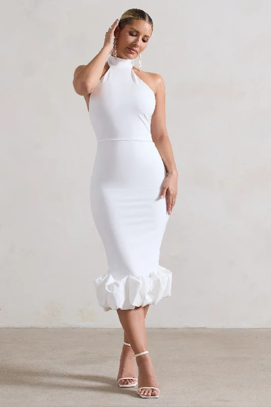 Off - the - Shoulder Women Dress for a Romantic and Feminine LookAshton | White High-Neck Midi Dress With Ruffle Hem Off - the - Shoulder Women Dress for a Romantic and Feminine LookAshton | White High-Neck Midi Dress With Ruffle Hem