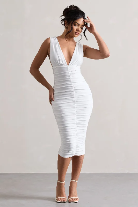Little Black Women Dress with Sequins for a Glamorous Night OutAttract | White Ruched Plunge-Neck Midi Dress Little Black Women Dress with Sequins for a Glamorous Night OutAttract | White Ruched Plunge-Neck Midi Dress