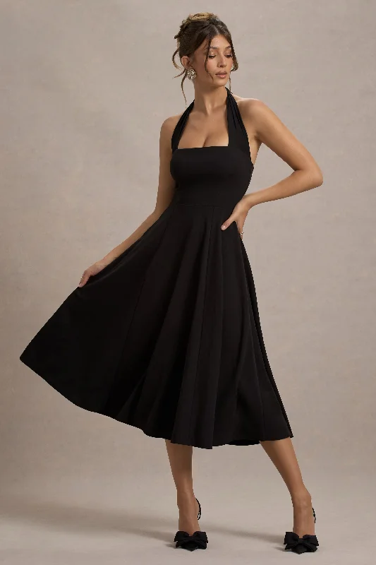 Sleeveless Women Dress in Bright Colors for Summer PartiesAuburn | Black Halter Skater Midi Dress Sleeveless Women Dress in Bright Colors for Summer PartiesAuburn | Black Halter Skater Midi Dress