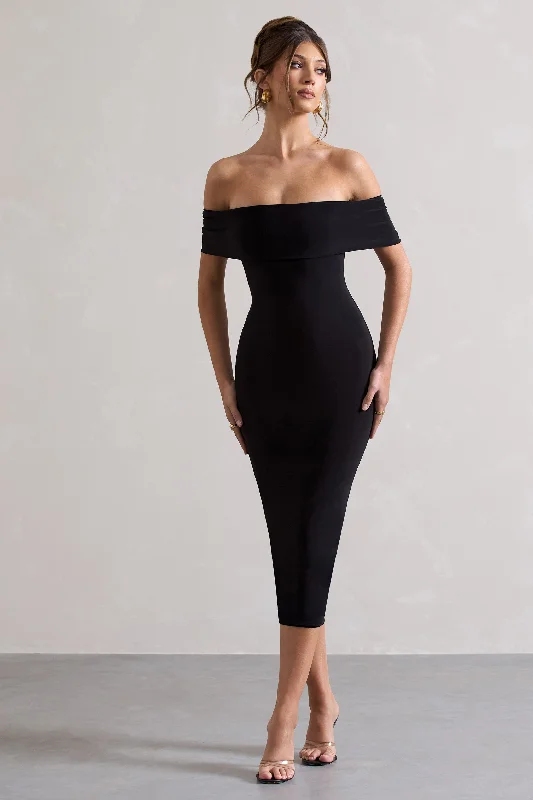 Sleeveless Women Dress in Bright Colors for Summer PartiesAverie | Black Bodycon Bardot Midi Dress Sleeveless Women Dress in Bright Colors for Summer PartiesAverie | Black Bodycon Bardot Midi Dress
